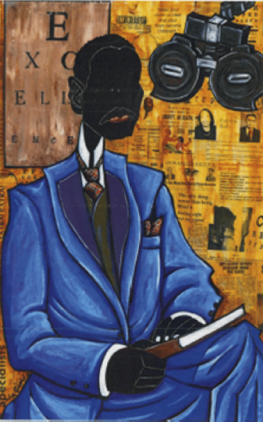 Painting of a man reading a book wearing a blue blazer against a yellow background
