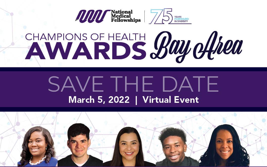 Graphic with five students pictured. Text Reachs Champions of Health Awards Bay Area Save The Date March 5, 2022.