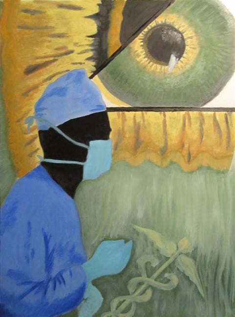 Painting of a masked doctor in surgical scrubs