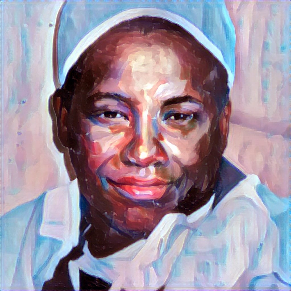 painting of a Black doctor wearing scrubs with his mask down.