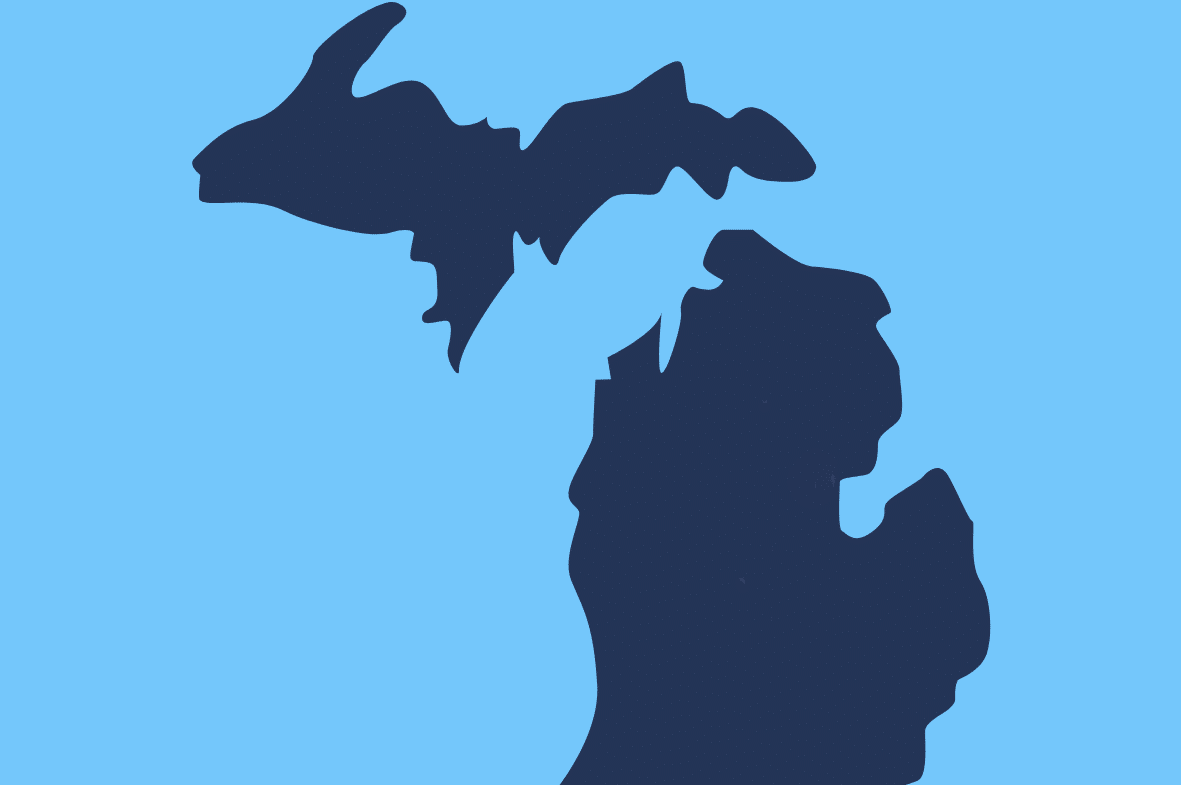 outline of the state of Michigan in dark blue on a light blue background