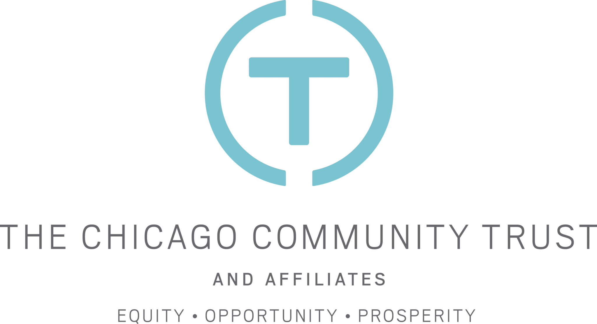 Logo with a T and circle around it. Text reads Chicago Community Trust and Affiliates Equity Opportunity Prosperity