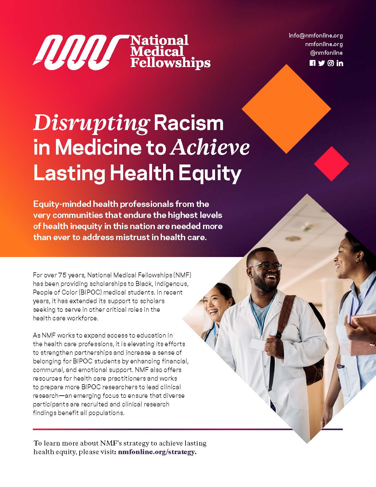 Image of a publication with the title "Disrupting Racism in Medicine to Achieve Lasting Health Equity" Includes a photo of doctors walking and talking.