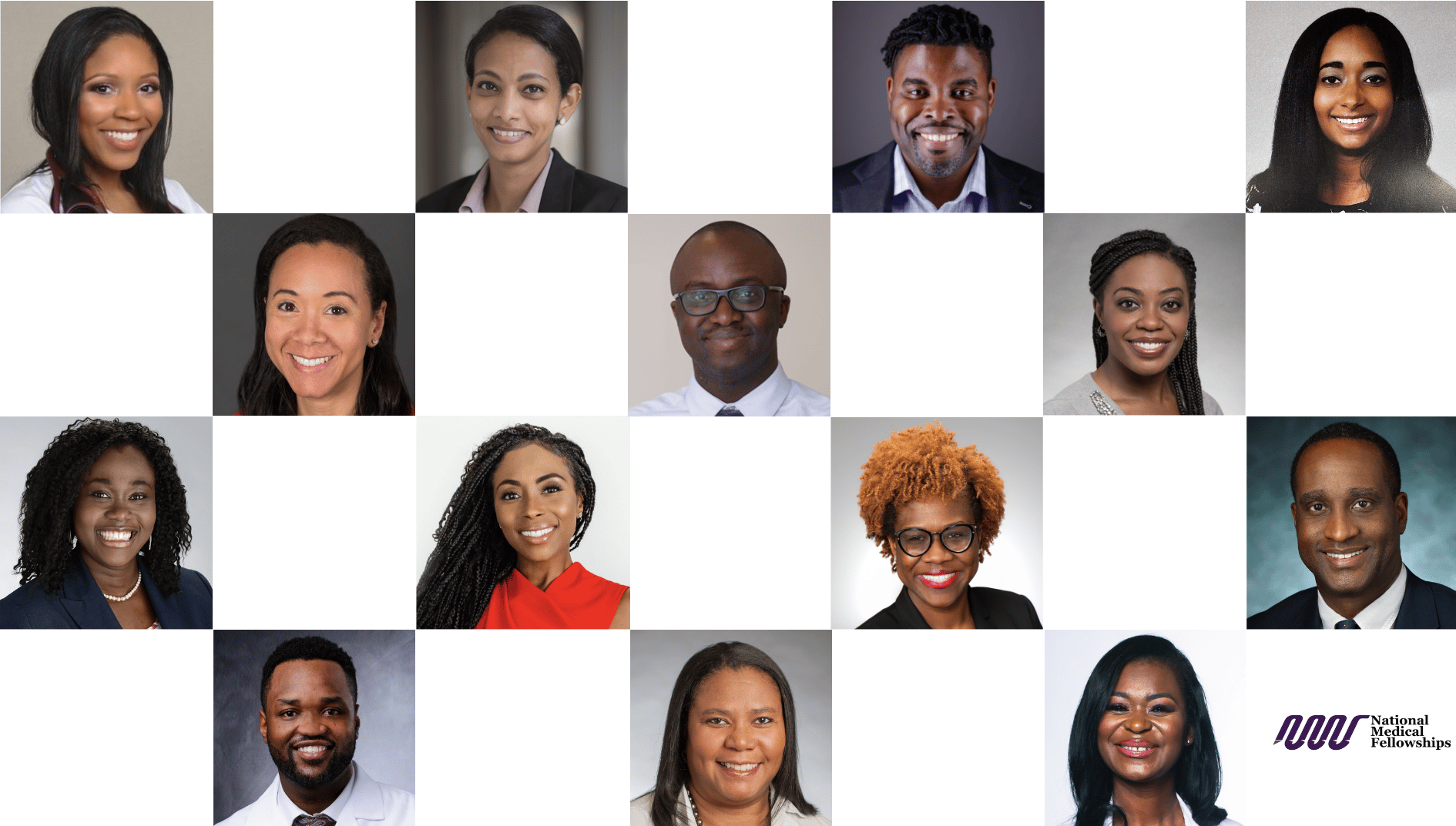 Collage of headshots of NMF Dctr program participants, interspersed with white squares. NMF logo reads National Medical Fellowships
