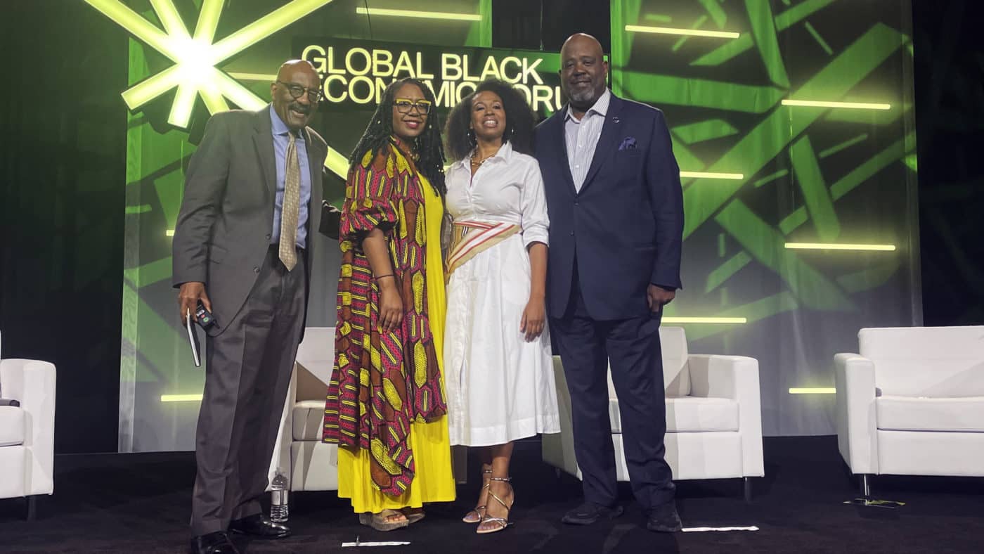 Cliff Barnes, Michellene Davis, Esq., Dr. Aletha Maybank, and Dr. Cedric Bright at the Global Black Economic Forum 2023